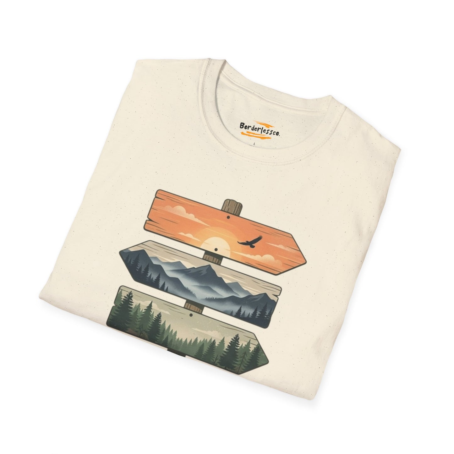 Nature Signpost T-Shirt — Scenic Mountain & Lake Travel Graphic Tee