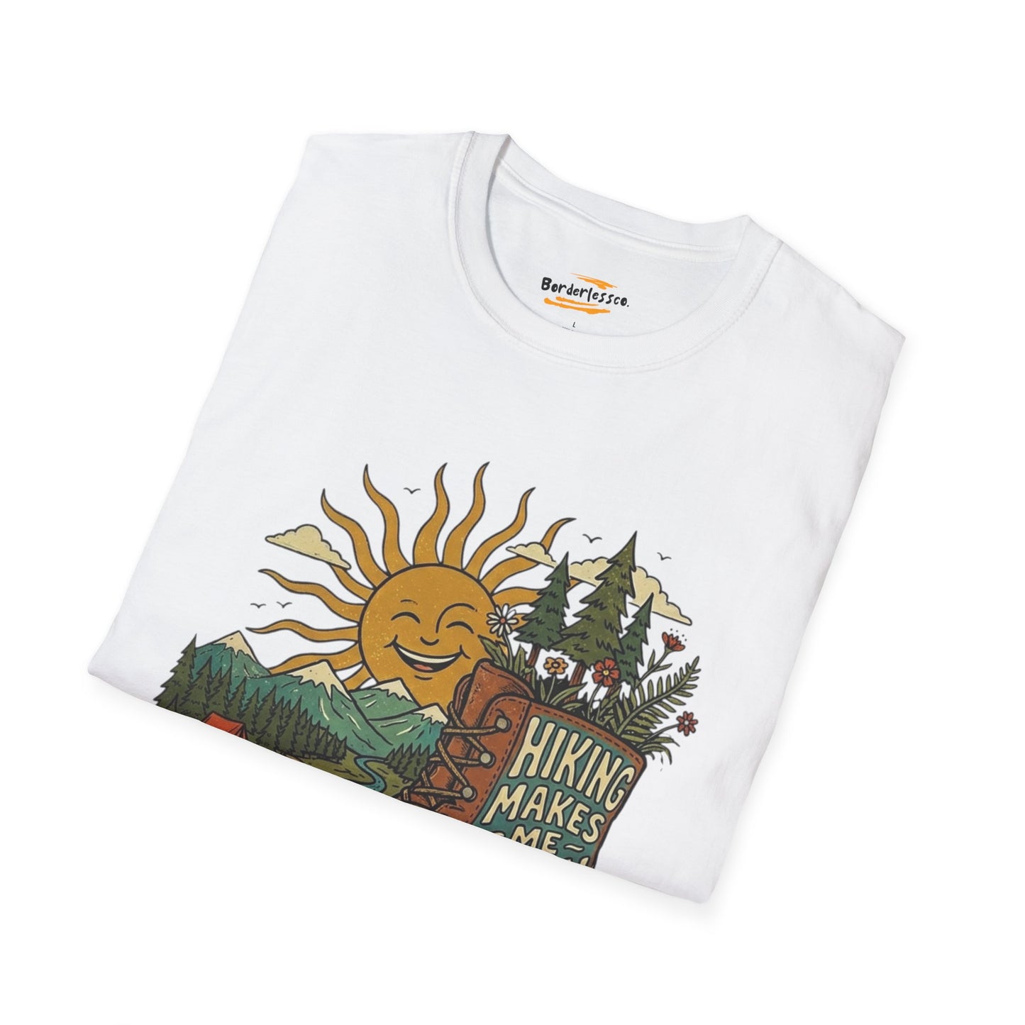 Hiking Makes Me Happy T‑Shirt — Retro Boot & Sun Outdoor Adventure Tee