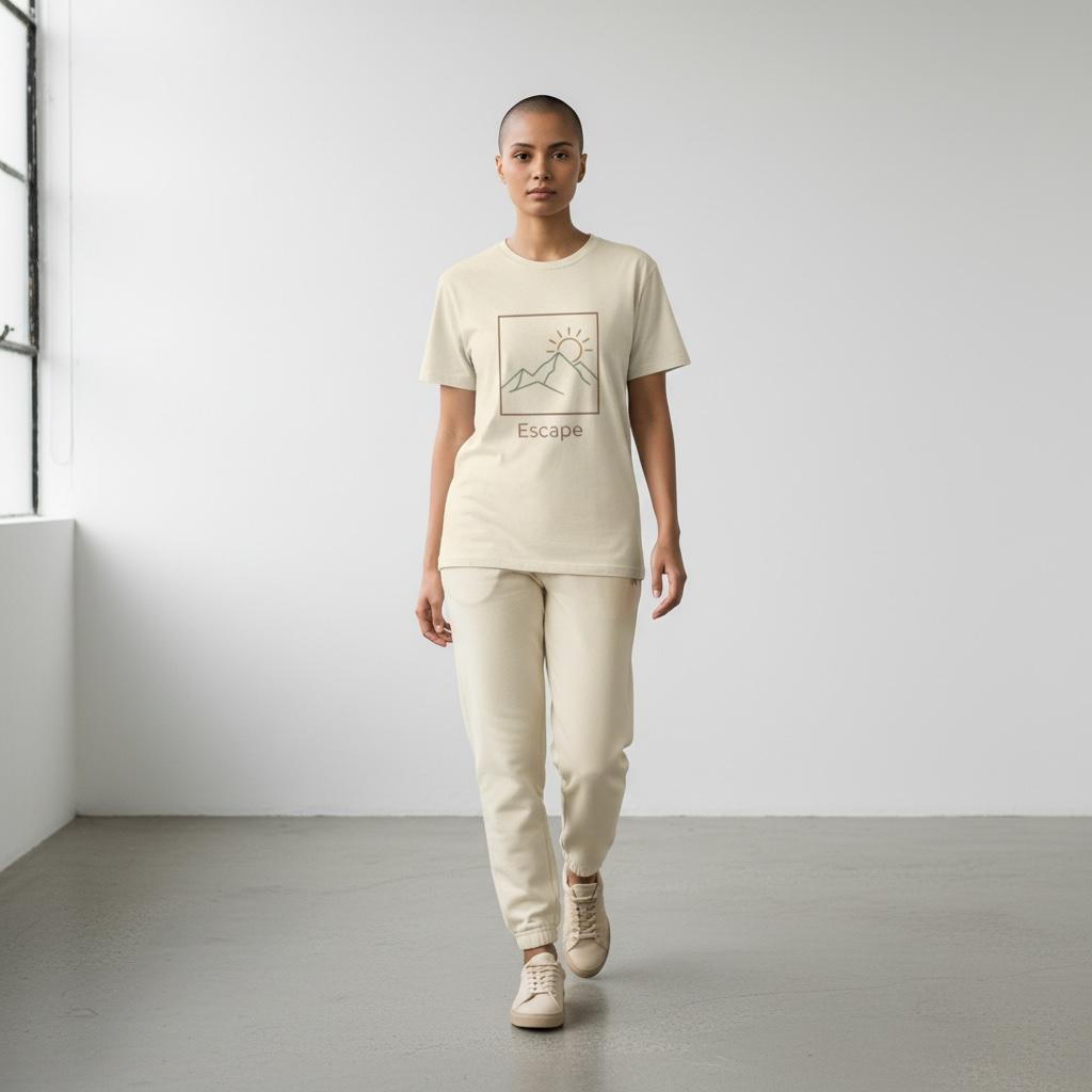 T-Shirt — 'Escape' Mountain Line Art Tee (Sunrise Adventure Graphic)