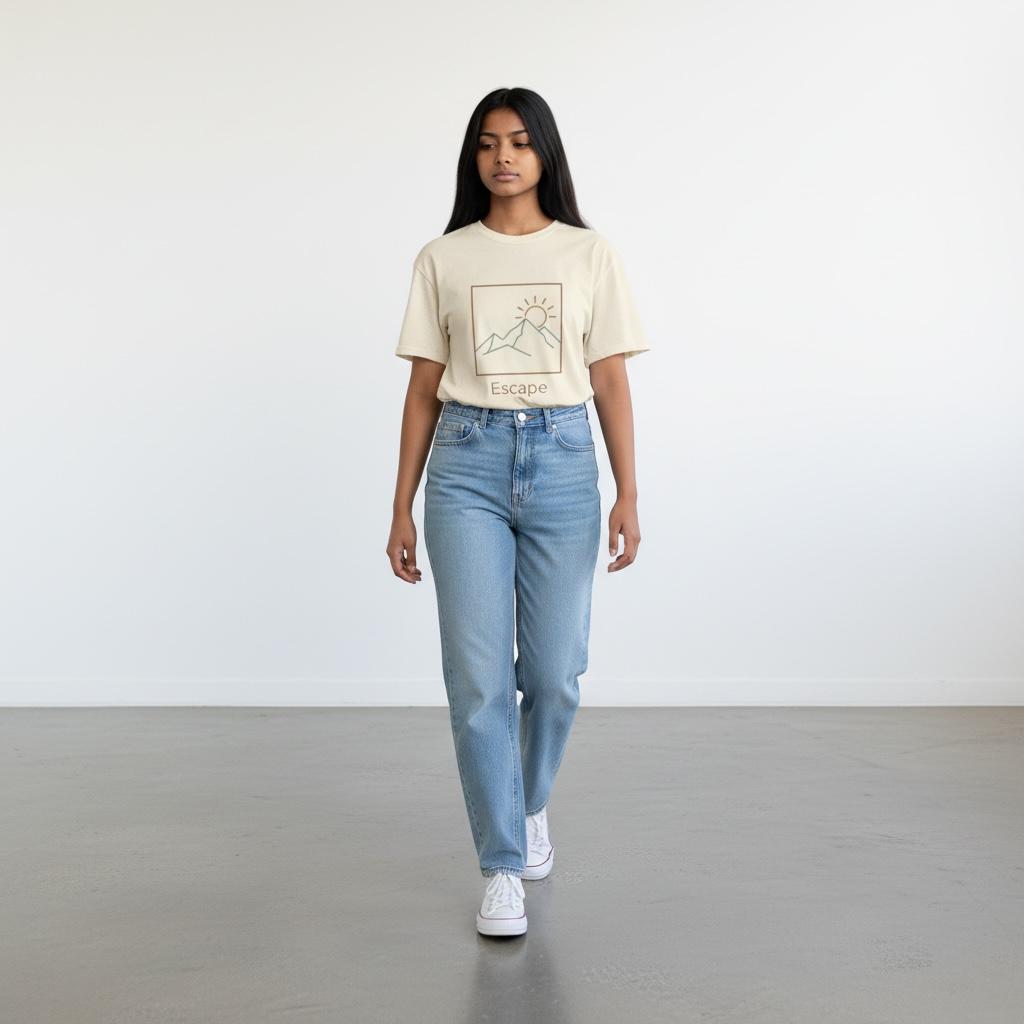T-Shirt — 'Escape' Mountain Line Art Tee (Sunrise Adventure Graphic)