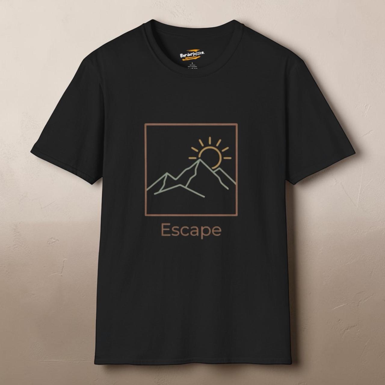 T-Shirt — 'Escape' Mountain Line Art Tee (Sunrise Adventure Graphic)