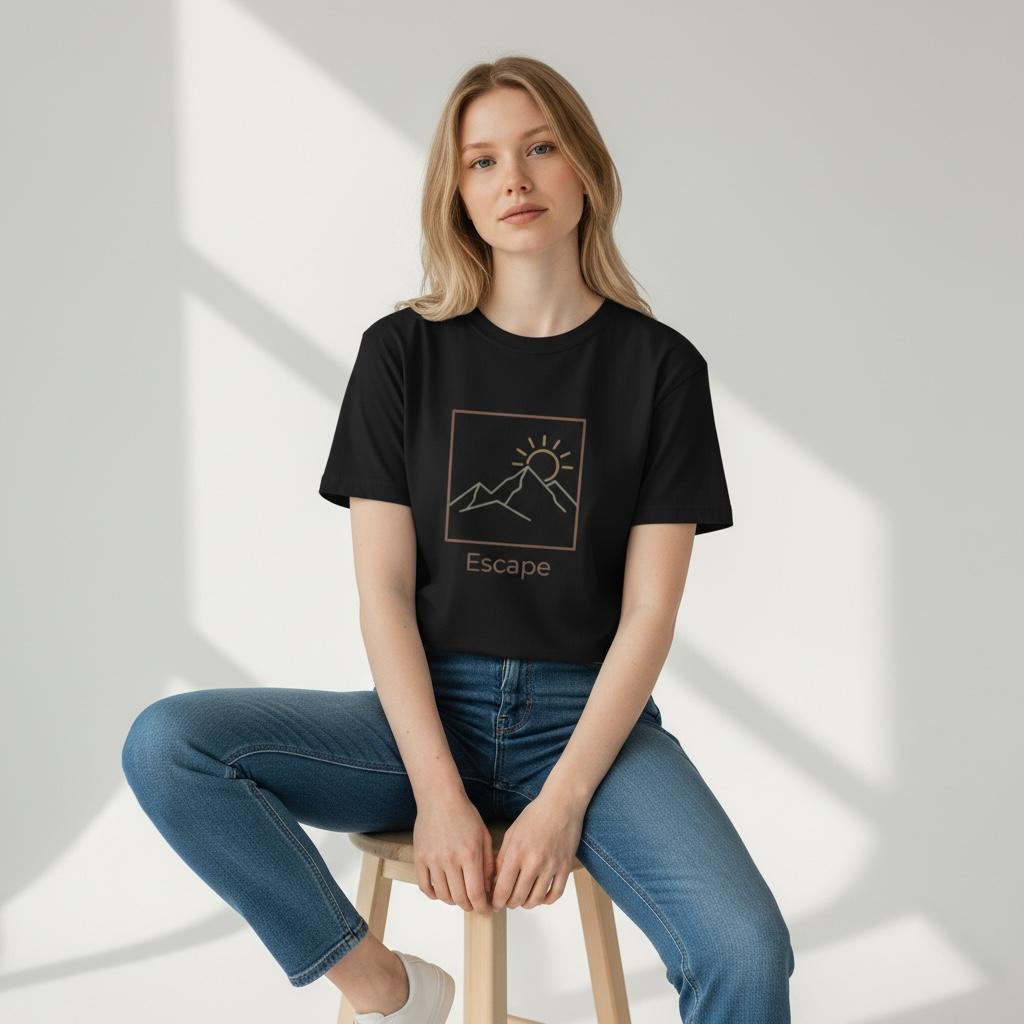 T-Shirt — 'Escape' Mountain Line Art Tee (Sunrise Adventure Graphic)