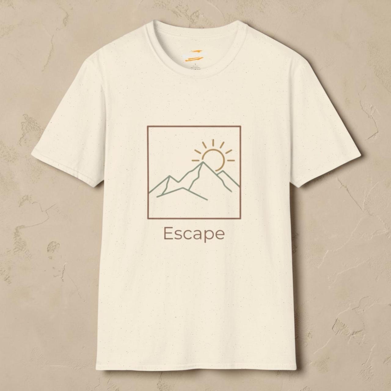 T-Shirt — 'Escape' Mountain Line Art Tee (Sunrise Adventure Graphic)