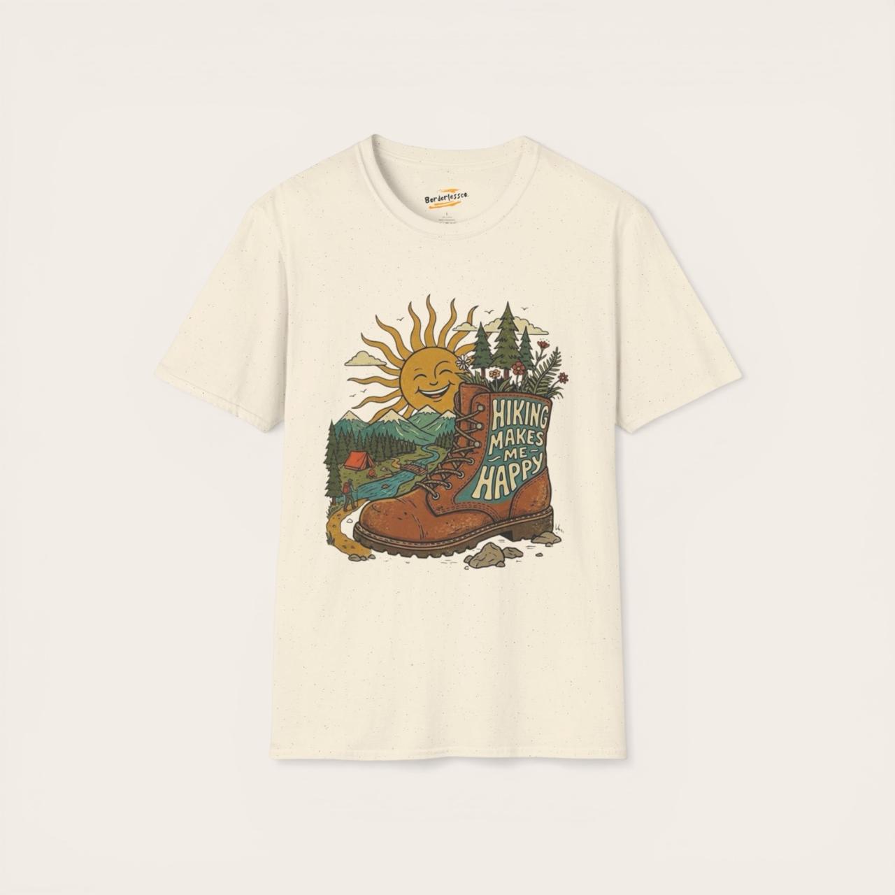 Hiking Makes Me Happy T‑Shirt — Retro Boot & Sun Outdoor Adventure Tee