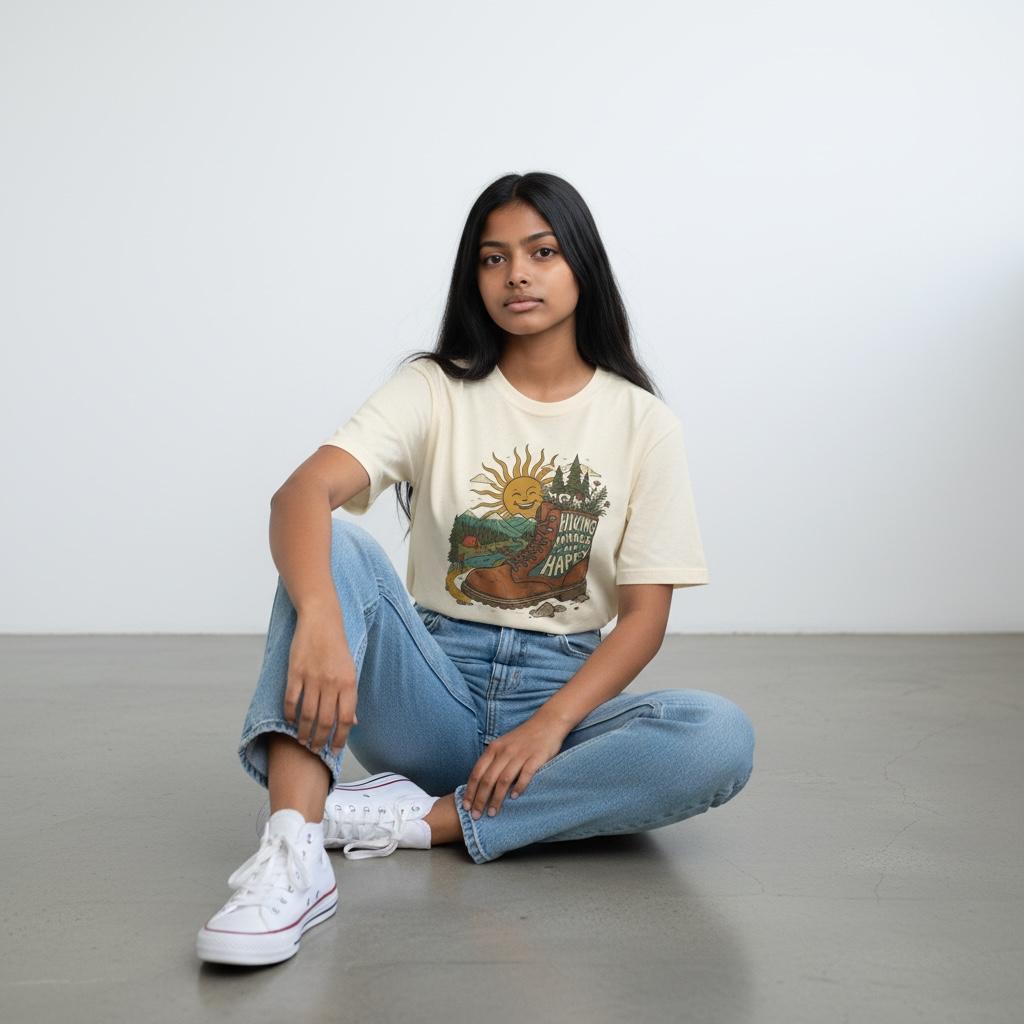 Hiking Makes Me Happy T‑Shirt — Retro Boot & Sun Outdoor Adventure Tee
