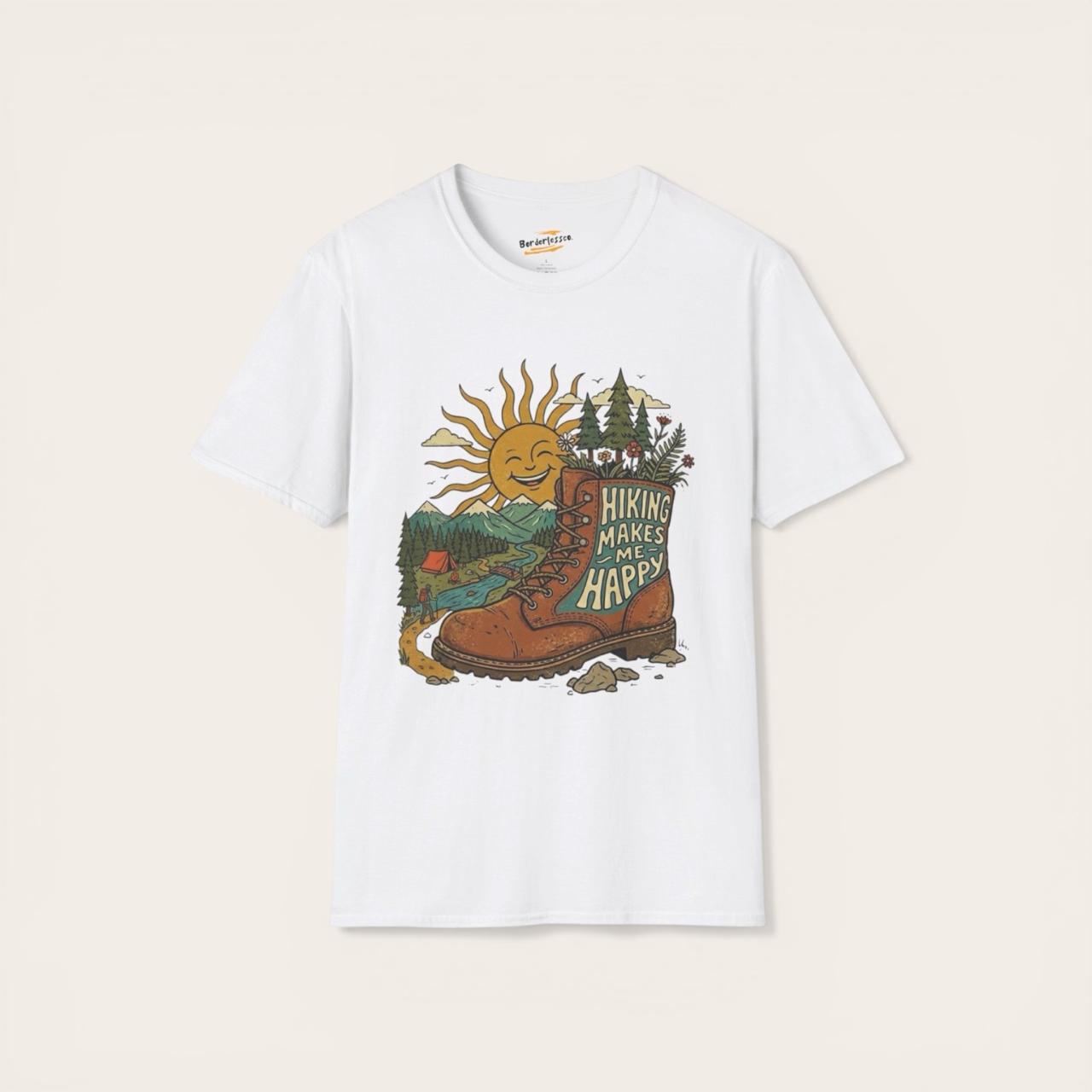 Hiking Makes Me Happy T‑Shirt — Retro Boot & Sun Outdoor Adventure Tee