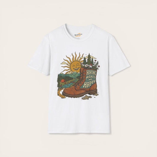 Hiking Makes Me Happy T‑Shirt — Retro Boot & Sun Outdoor Adventure Tee