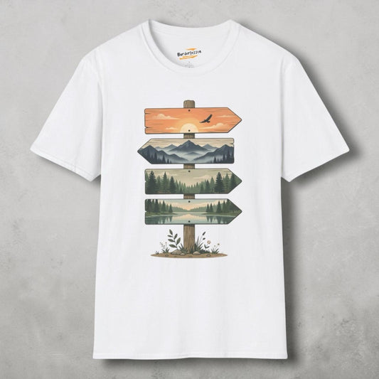 Nature Signpost T-Shirt — Scenic Mountain & Lake Travel Graphic Tee