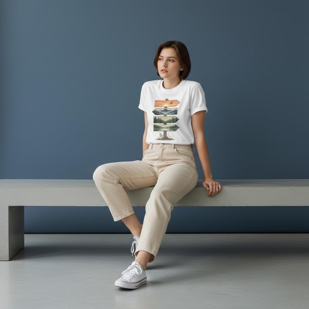 Nature Signpost T-Shirt — Scenic Mountain & Lake Travel Graphic Tee