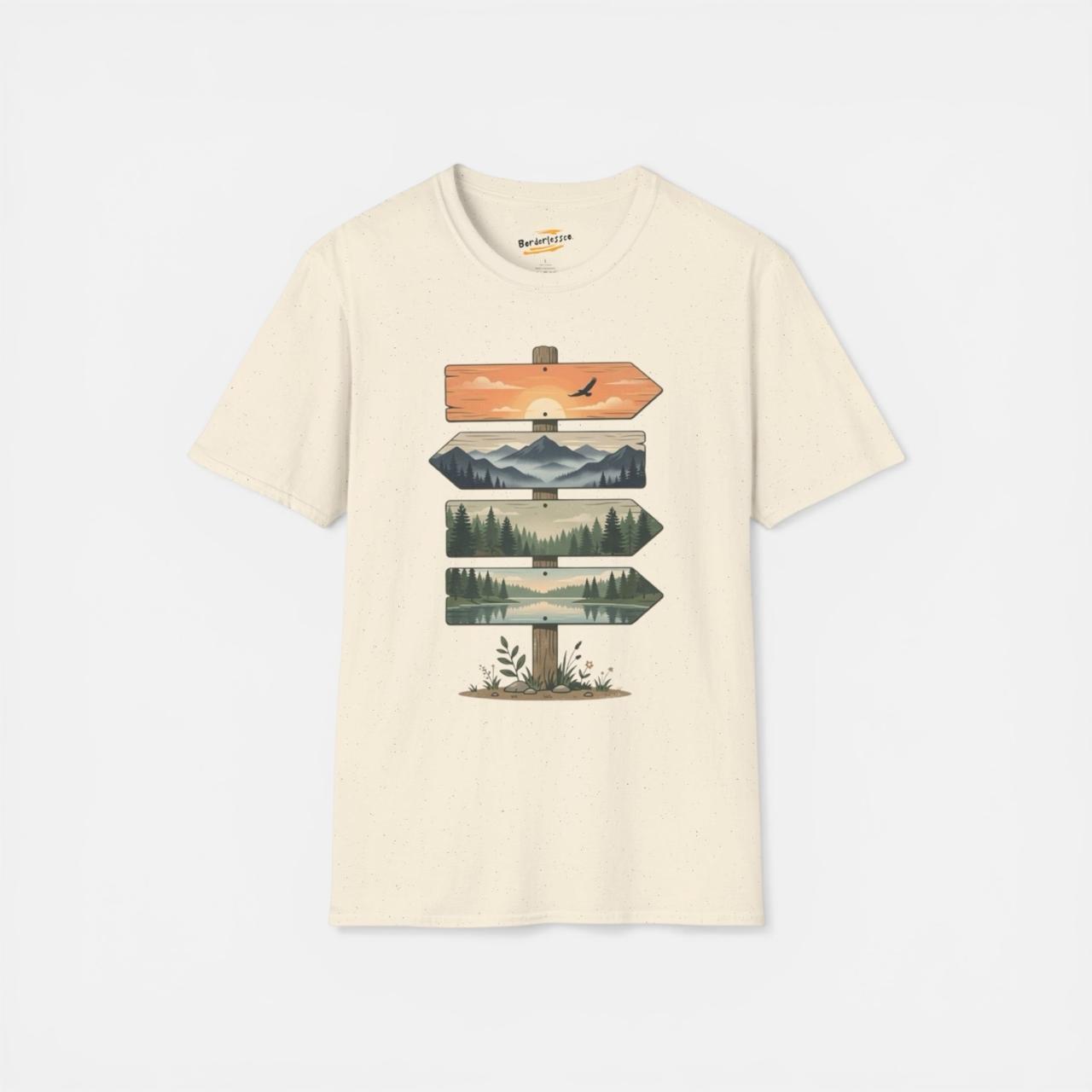 Nature Signpost T-Shirt — Scenic Mountain & Lake Travel Graphic Tee