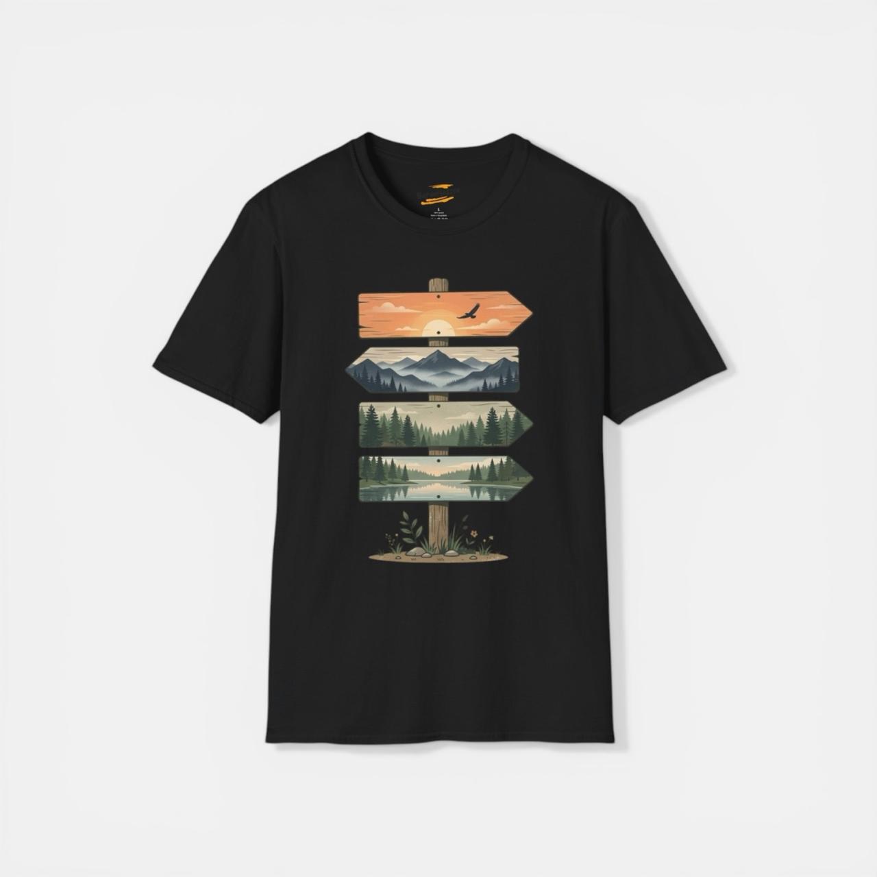 Nature Signpost T-Shirt — Scenic Mountain & Lake Travel Graphic Tee