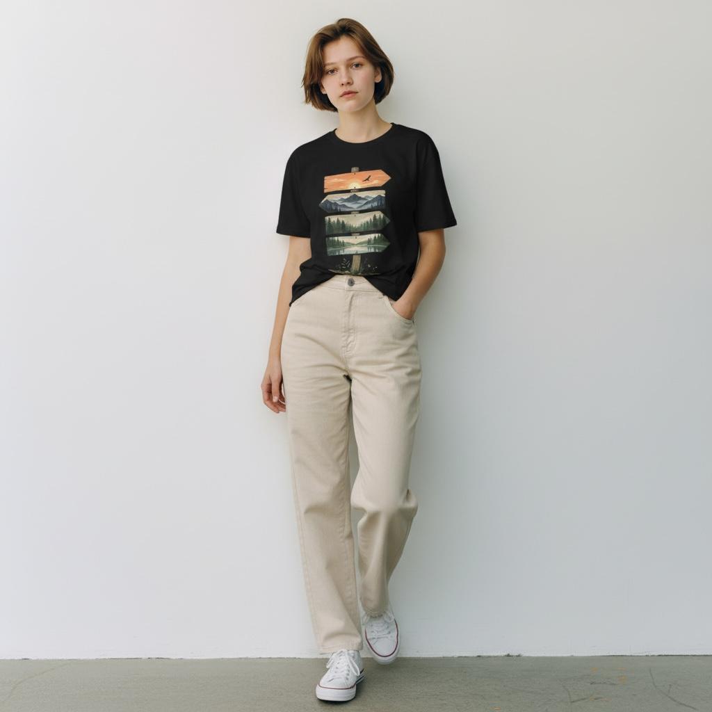 Nature Signpost T-Shirt — Scenic Mountain & Lake Travel Graphic Tee