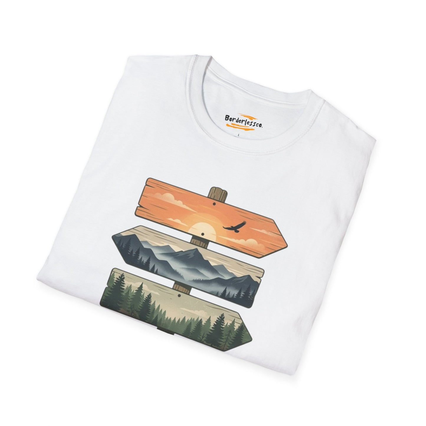 Nature Signpost T-Shirt — Scenic Mountain & Lake Travel Graphic Tee