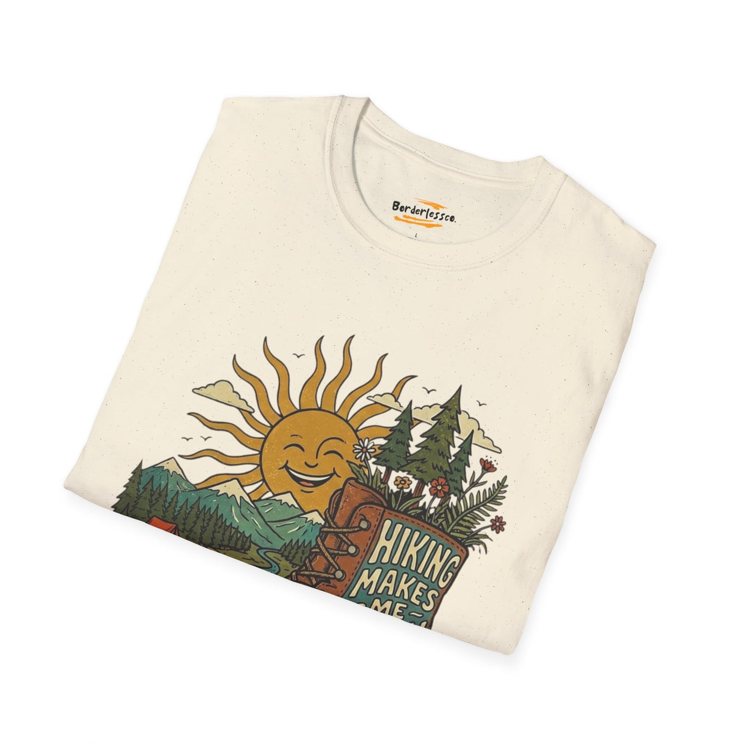 Hiking Makes Me Happy T‑Shirt — Retro Boot & Sun Outdoor Adventure Tee